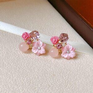 Cute Pink Vintage Floral Elegant Chic Bling Rhinestone Studs Earrings Set